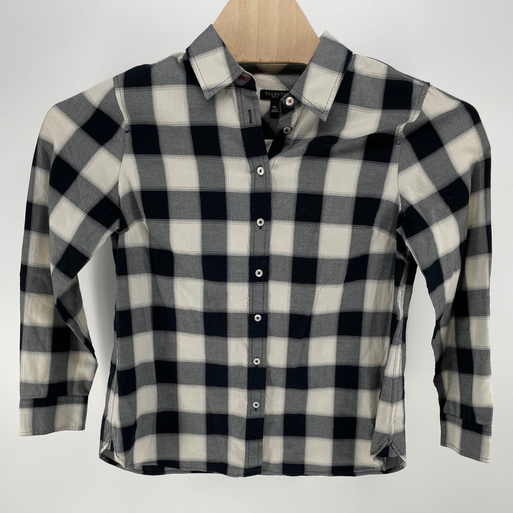 Talbots Button Down Shirt Womens Mp Black White Excellent Buffalo Check Cotton